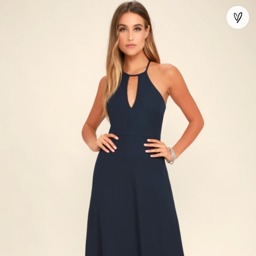 Lulu’s Navy Blue Beauty and Grace Halter Maxi Gown: Size xs